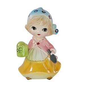 Vintage Josef Originals Girl Figurine With Watering Can Pot & Spade Gardening